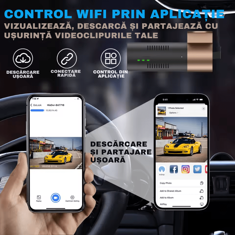 Două camere auto DVR 2K Full HD cu WiFi 2.4GHz și senzor de impact, pentru monitorizare și înregistrare rutieră.