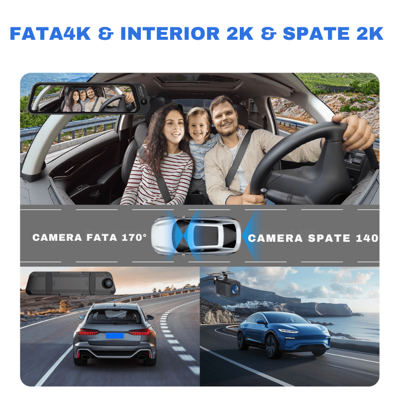 Set de 2 camere pentru oglinda retrovizoare DVR S16 4K cu 3 camere, ecran WiFi 9.66” pentru interior, fata și spate, marca Taggo.