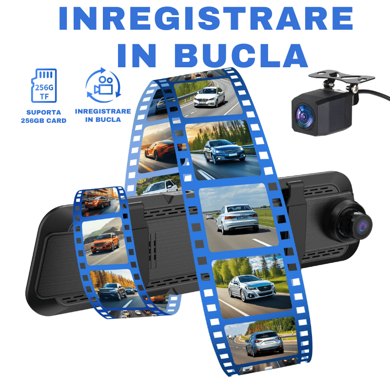 Set de două camere DVR S16 4K cu 3 camere (față, interior, spate) și ecran WiFi 9.66” pentru oglinda retrovizoare Taggo.ro