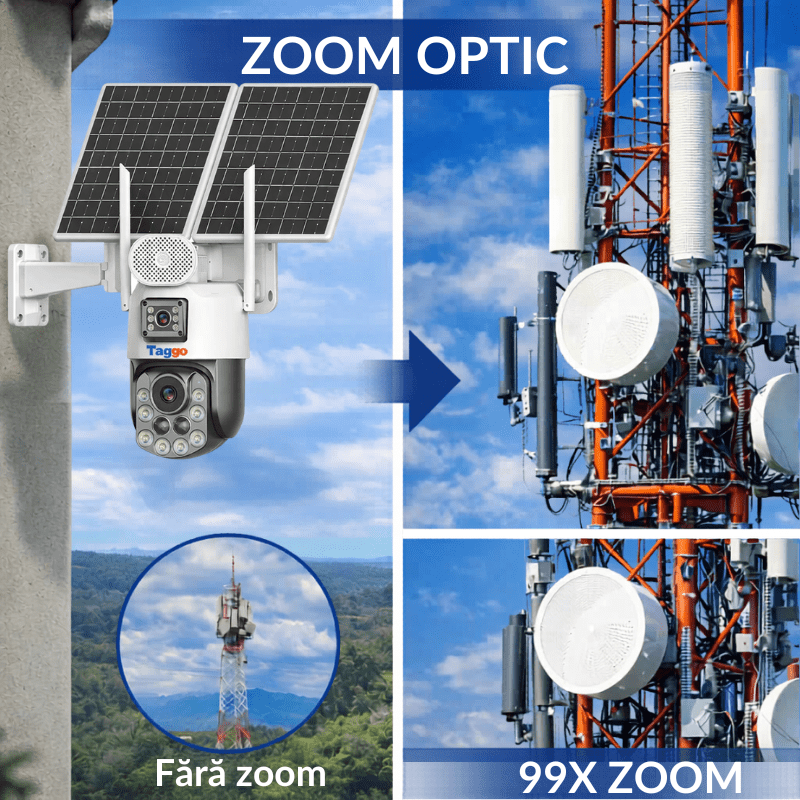 Camera Supravghere Panou Solar Dublu, 4k, Zoom 99X, Conexiune eSIM/4G, Inregistrare AOV, Full Color Noaptea - Taggo.ro