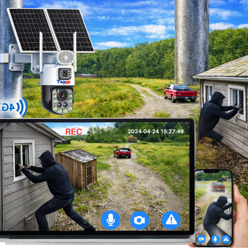 Camera Supravghere Panou Solar Dublu, 4k, Zoom 99X, Conexiune eSIM/4G, Inregistrare AOV, Full Color Noaptea - Taggo.ro