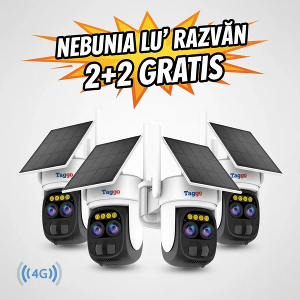 Set 4 Camere Supraveghere Exterior 4G 4K Ultra HD, Dual Camera 4MP+4MP, 10X Optical ZOOM, Incarcare Solara, Rotire Din Aplicatie, Rezistenta La Apa IP 66