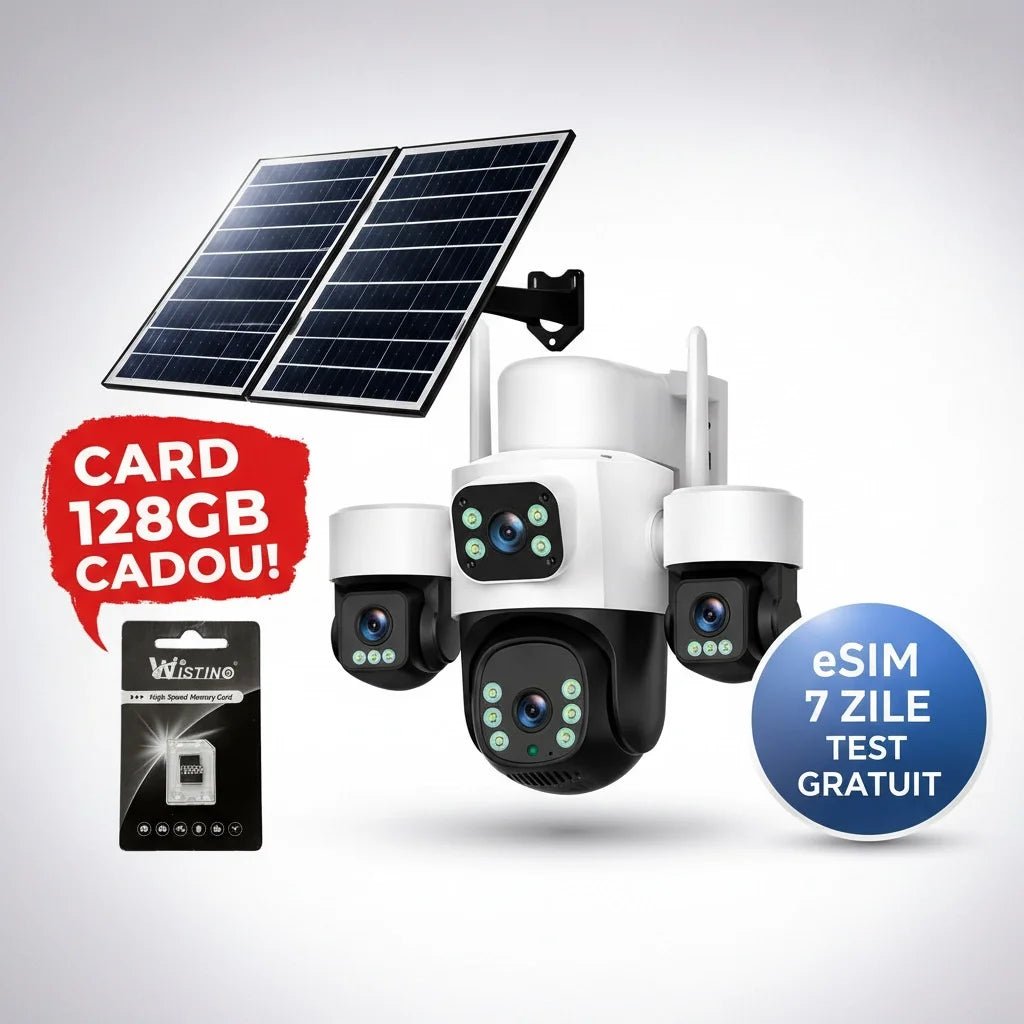 Camera de supraveghere Fast Bundle Taggo Pro Q50 cu 4 lentile, 16MP, panou solar, 4G, IR, control aplicație și card 128GB.