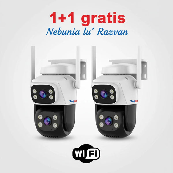 Set 2 Camere de Supraveghere WiFi, Doua Lentile HD 6 MP,  Vedere Nocturna, IP66,  Audio Bidirectional, Detectie Miscare