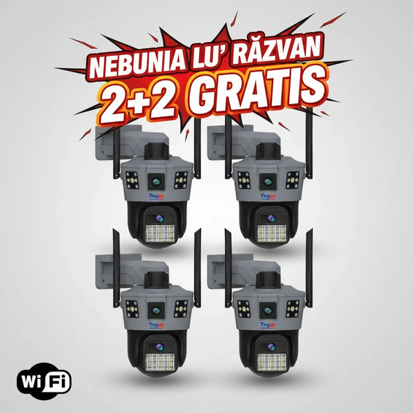 Set 4 Camere de supraveghere WiFi 6K, 2 lentile, Control din aplicatie, Urmarire automata, Rezistenta la apa IP66