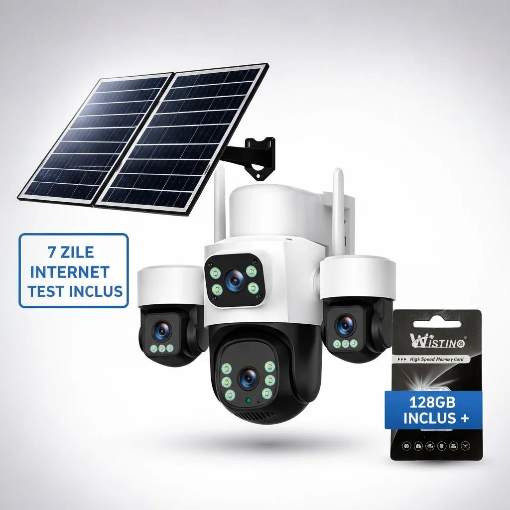 Camera de supraveghere Fast Bundle Taggo Pro Q50 cu 4 lentile, 16MP, panou solar 20W, conexiune 4G, IR și control prin aplicație