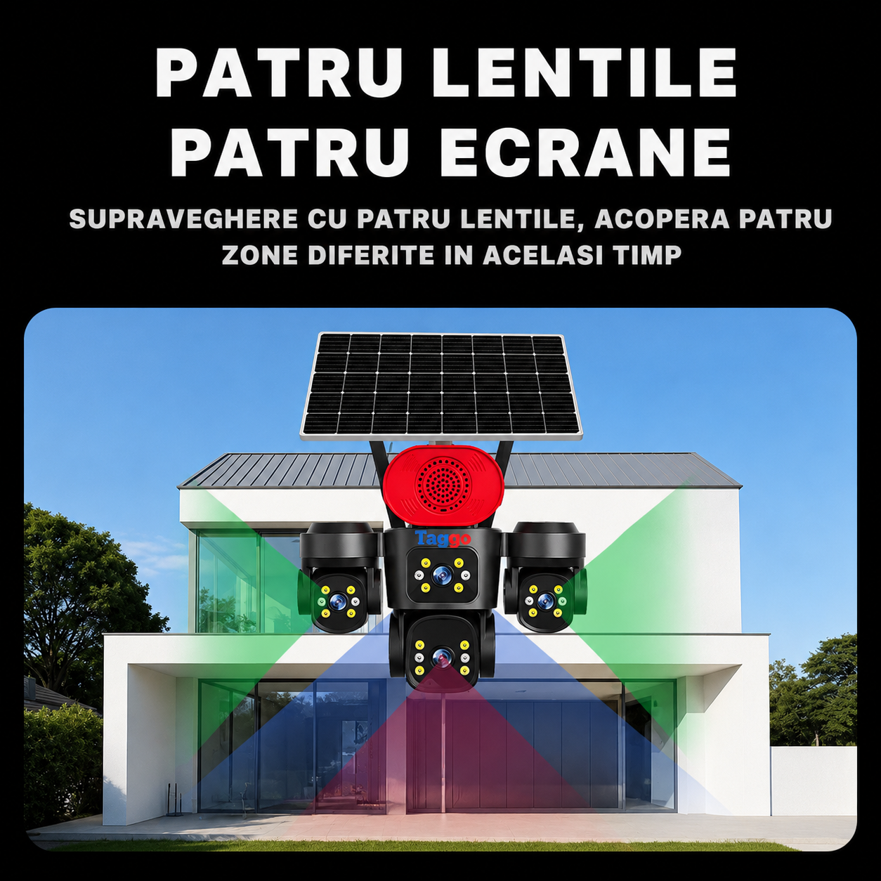 Camera de Supraveghere 4 Lentile, 16MP,  Panou Solar, Conexiune 4G, Control din Aplicatie, Viziune Colora si IR, Comunicare Bidirectionala, Protectie IP66