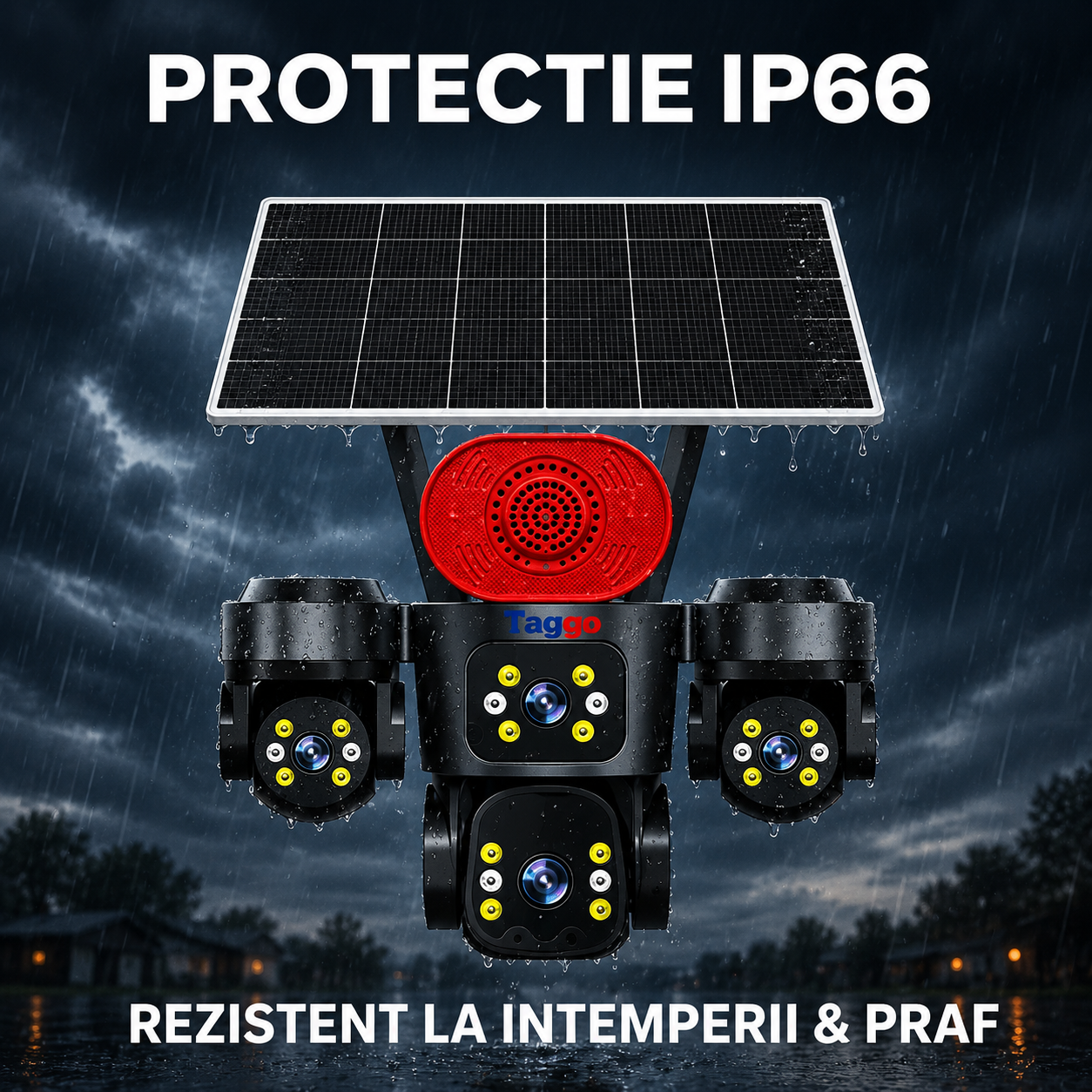 Camera de Supraveghere 4 Lentile, 16MP,  Panou Solar, Conexiune 4G, Control din Aplicatie, Viziune Colora si IR, Comunicare Bidirectionala, Protectie IP66
