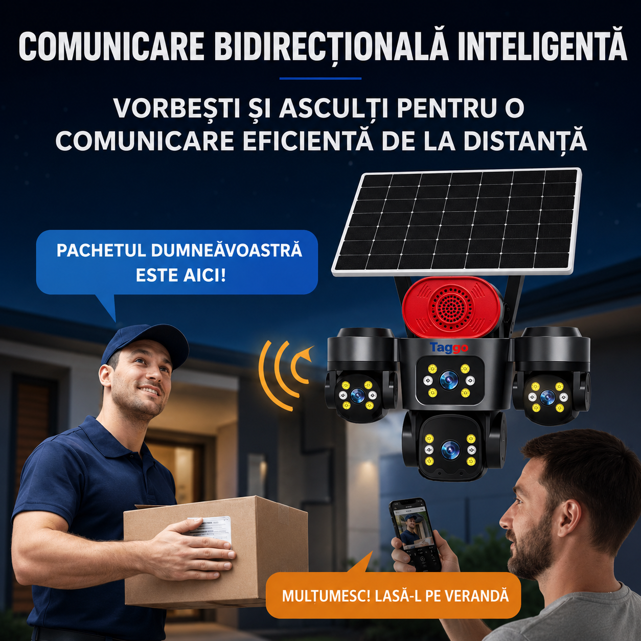 Camera de Supraveghere 4 Lentile, 16MP,  Panou Solar, Conexiune 4G, Control din Aplicatie, Viziune Colora si IR, Comunicare Bidirectionala, Protectie IP66