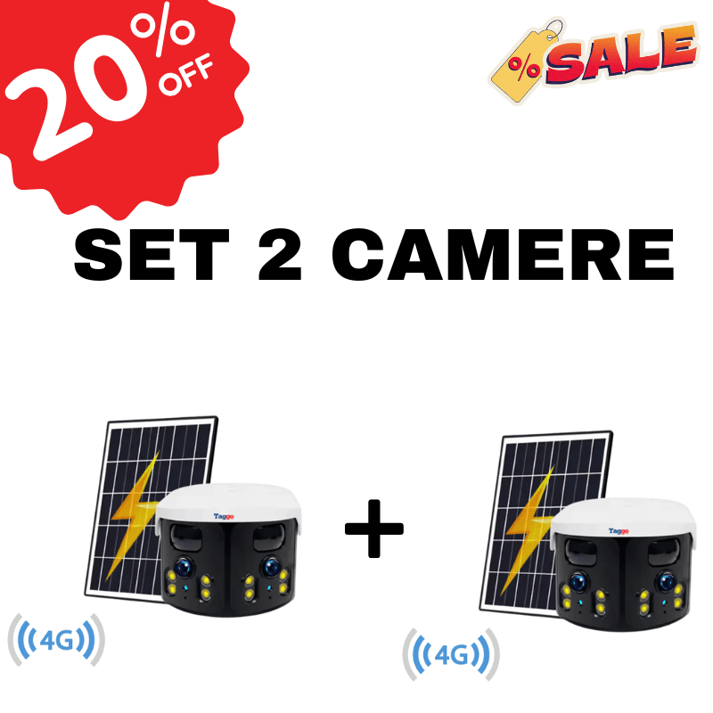 Set 2x Camera Supraveghere 4G, Online 24h, 4K, 8MP, 2 Lentile, Incarcare solara, Vedere panoramica, Control din aplicatie, IP65 - Taggo.ro