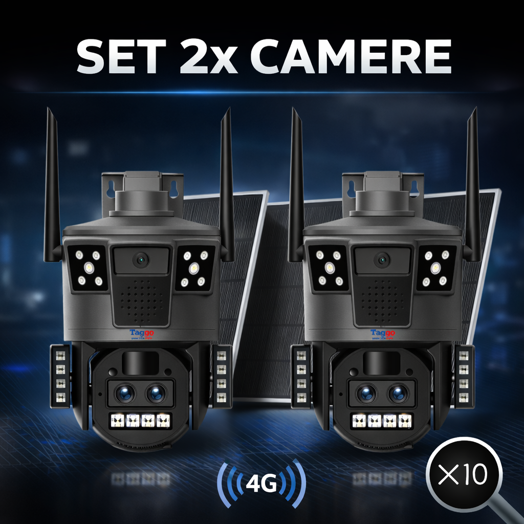 Set 2x Camere Supraveghere 1+1 Gratis, Panou Solar 14W, ZOOM 10X, Conexiune 4G - Taggo.ro