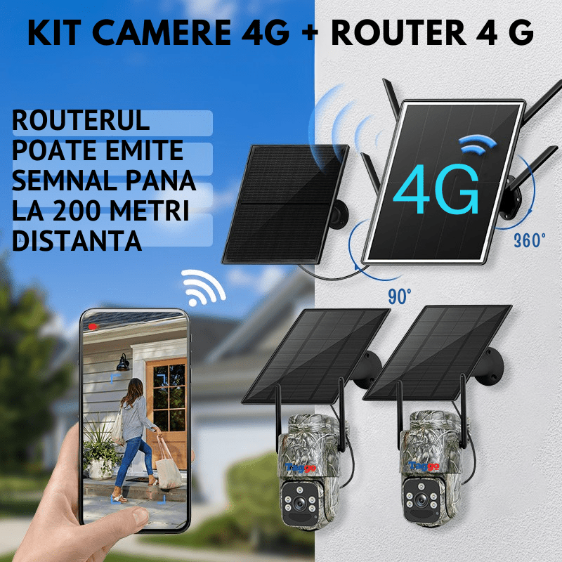 Sistem 2 camere de supraveghere cu panou solar 4G + router cu panou solar 4G, 4 MP, auto tracking, detectie miscare - Taggo.ro
