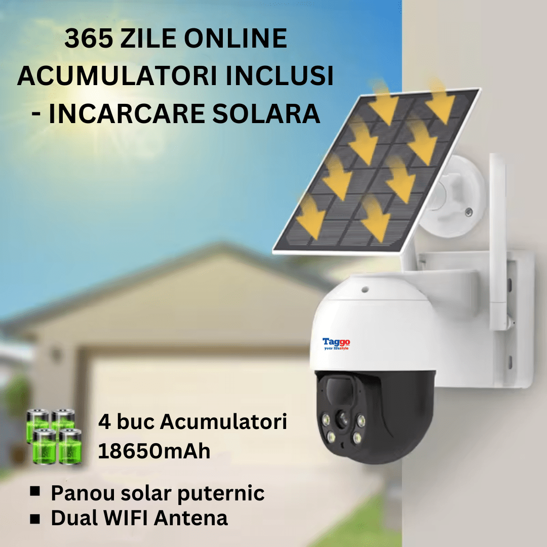 Sistem Supraveghere 4 Camere Exterior 360 Wireless Profesional cu Incarcare Solara, 4 Canale HD 4MP Wireless Monitor LCD IR 30m - Taggo.ro