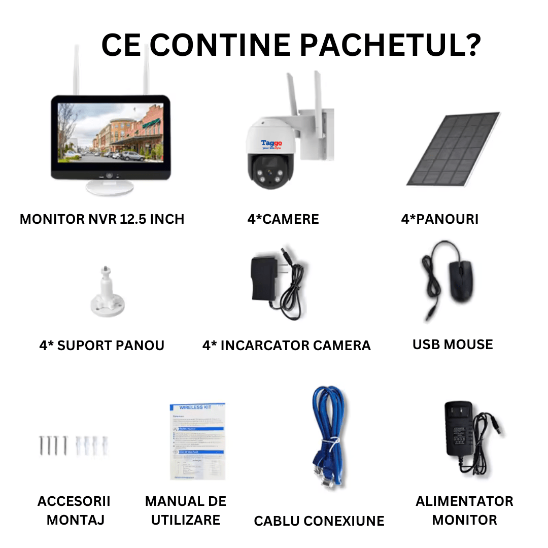 Sistem Supraveghere 4 Camere Exterior 360 Wireless Profesional cu Incarcare Solara, 4 Canale HD 4MP Wireless Monitor LCD IR 30m - Taggo.ro