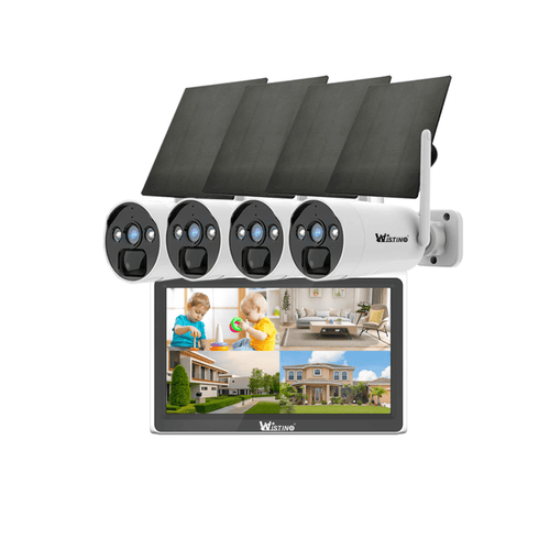 Sistem Supraveghere 4 Camere Exterior Wireless Profesional cu Incarcare Solara, 4 Canale HD 4MP Wireless Monitor LCD IR 30m