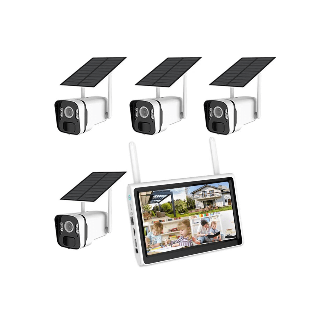 Sistem Supraveghere 4 Camere Exterior Wireless Profesional cu Incarcare Solara, 4 Canale HD 4MP Wireless Monitor LCD IR 30m - Taggo.ro
