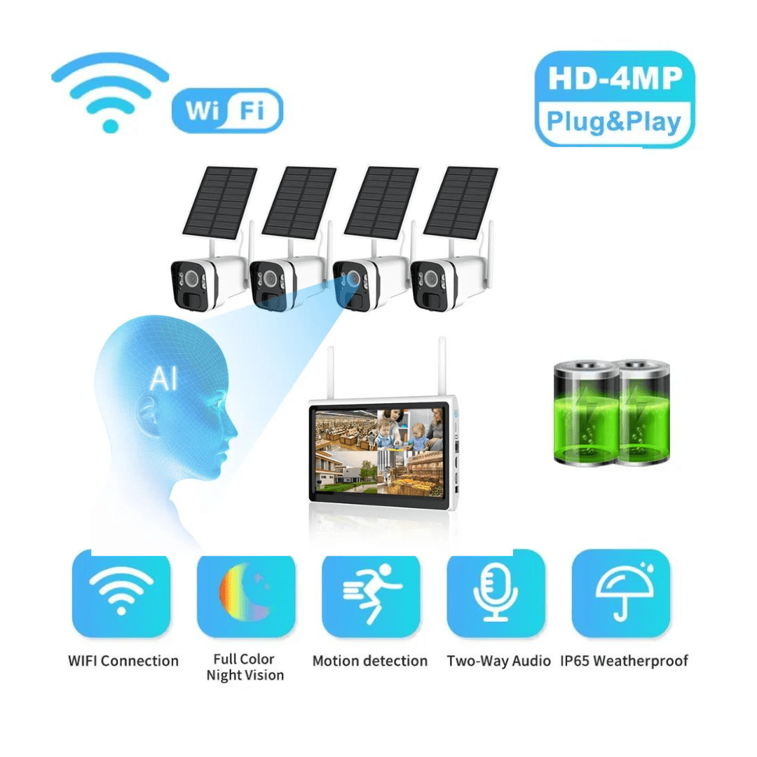 Sistem Supraveghere 4 Camere Exterior Wireless Profesional cu Incarcare Solara, 4 Canale HD 4MP Wireless Monitor LCD IR 30m - Taggo.ro
