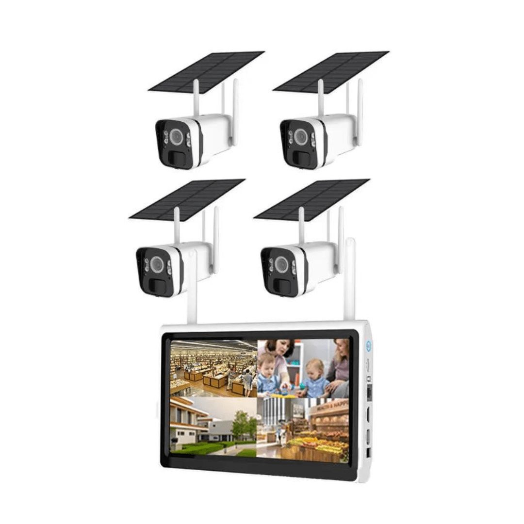 Sistem Supraveghere 4 Camere Exterior Wireless Profesional cu Incarcare Solara, 4 Canale HD 4MP Wireless Monitor LCD IR 30m - Taggo.ro