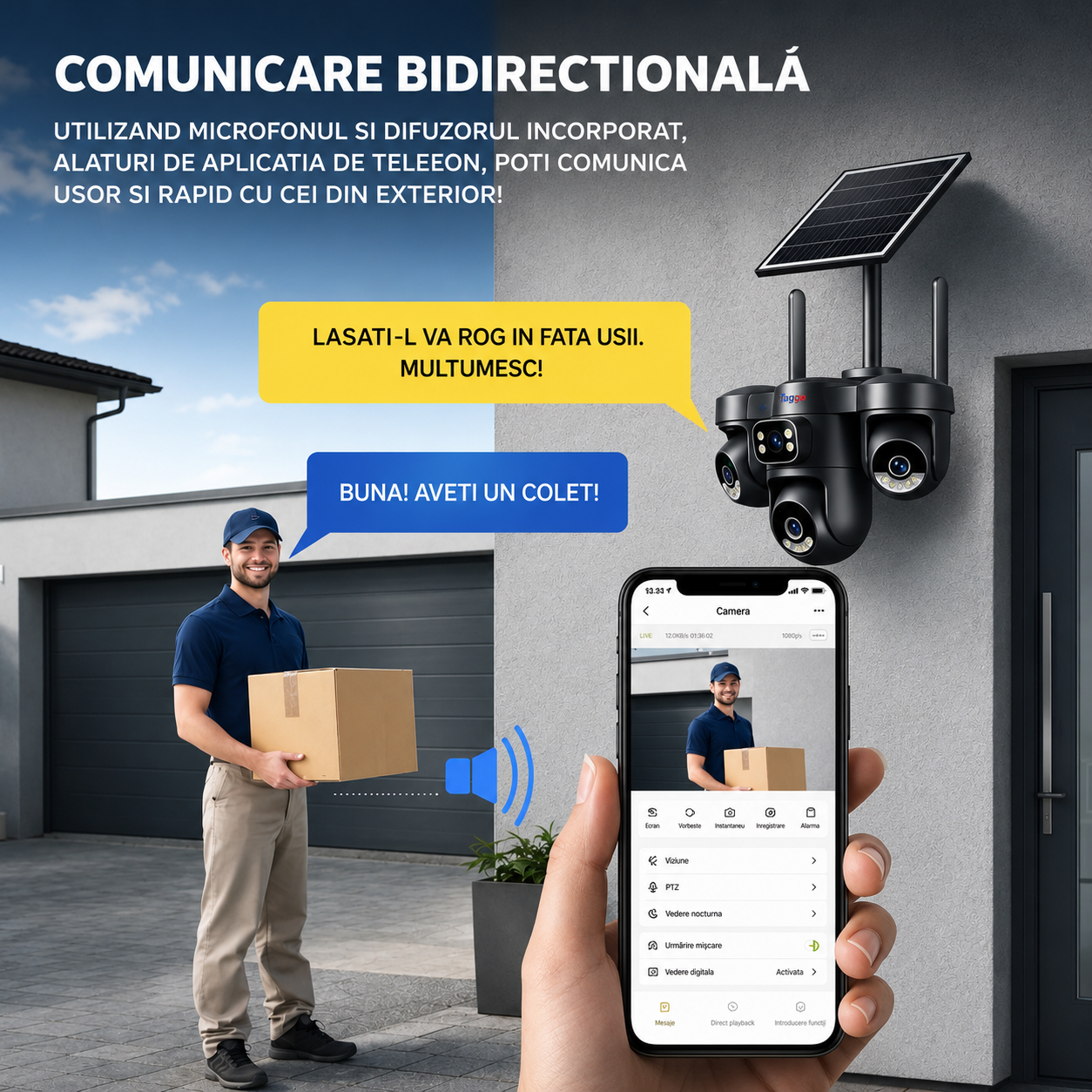Camera de supraveghere 4G cu panou solar, 12MP, 4 lentile, functie AOV, comunicare bidirectionala, detectie umana AI