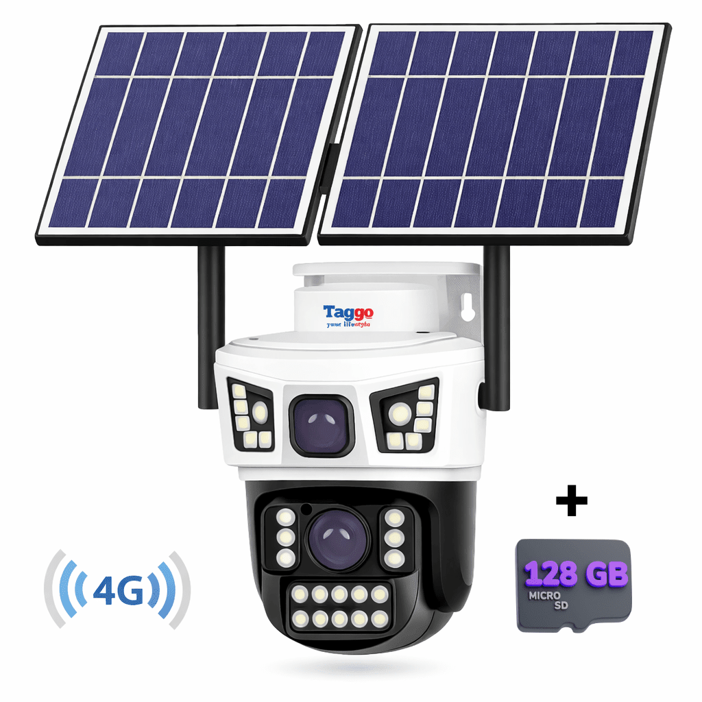 Camera Supraveghere Solara Panou Dublu 20W AOV, 8MP, 4G cu eSIM, 2 Lentile, Monitorizare 24/7, Full Color Noaptea, Alb, Card 128GB - Taggo.ro