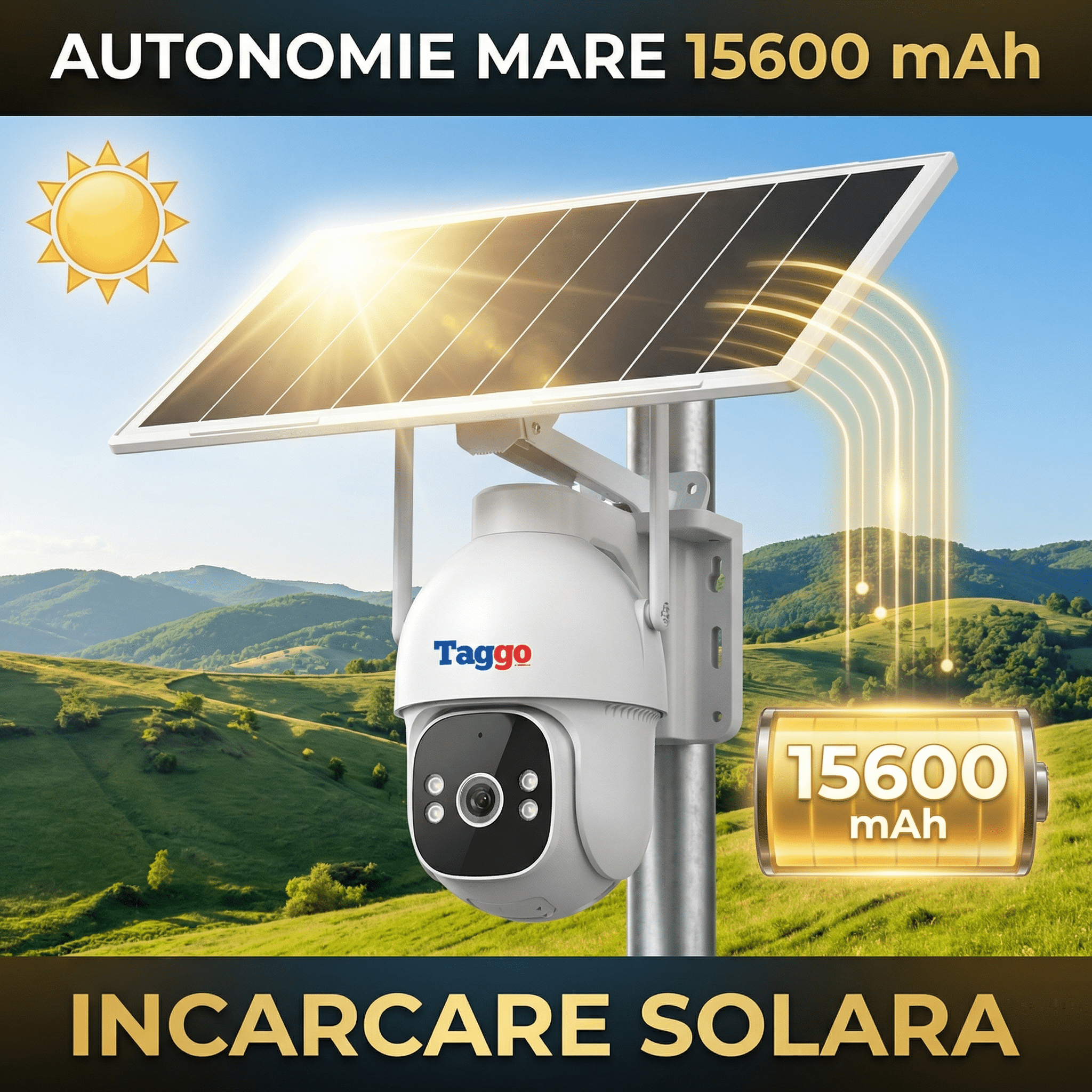 Camera Supraveghere 4G Solară Panou Dublu 20W Taggo Pro S30 – Full Color Noapte, eSIM, Detecție AI 40M, AOV 24/7, 5MP, Card 128GB - Taggo.ro