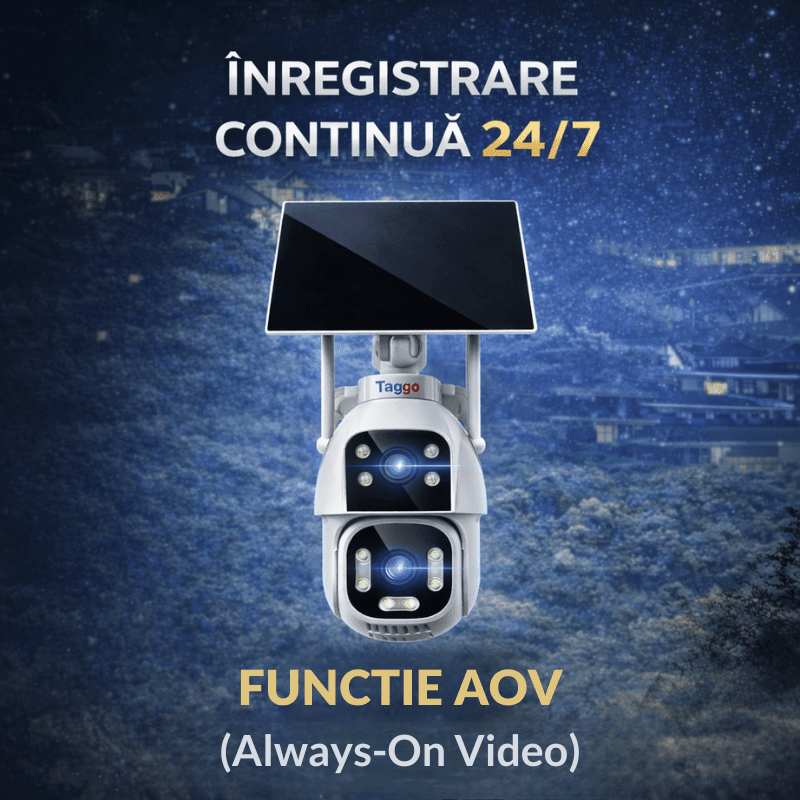 Camera Supraveghere cu Panou Solar Dublu 20W, Conexiune 4G/eSIM , Rezolutie 8MP, AOV, Full Color Noaptea, 2 lentile, Card128GB - Taggo.ro