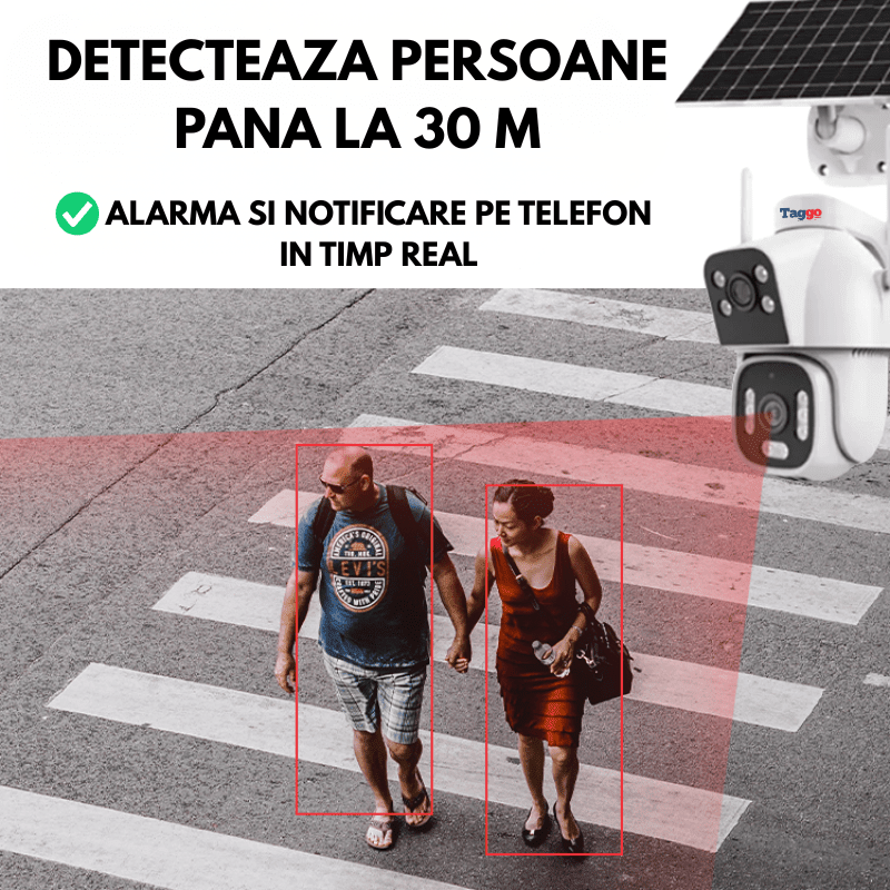 Camera Supraveghere cu Panou Solar Dublu 20W, Conexiune 4G/eSIM , Rezolutie 8MP, AOV, Full Color Noaptea, 2 lentile, Card128GB - Taggo.ro