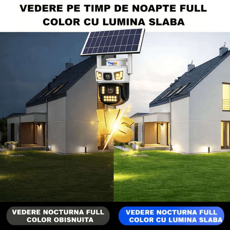 Camera Supraveghere Solara Panou Dublu 20W AOV, 8MP, 4G cu eSIM, 2 Lentile, Monitorizare 24/7, Full Color Noaptea, Alb, Card 128GB - Taggo.ro