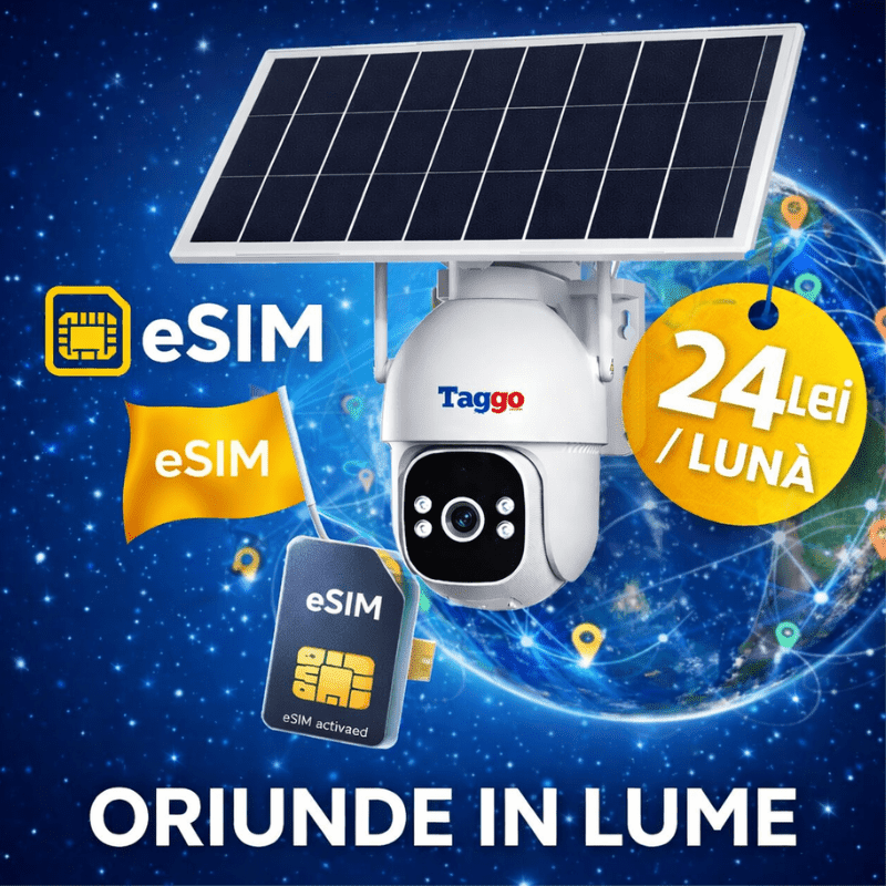 Camera Supraveghere Solara Panou Dublu 20W PTZ cu 4G/ eSIM, AOV, Viziune Full Color Noaptea si Detectie Miscare, 5MP, Card 128GB - Taggo.ro