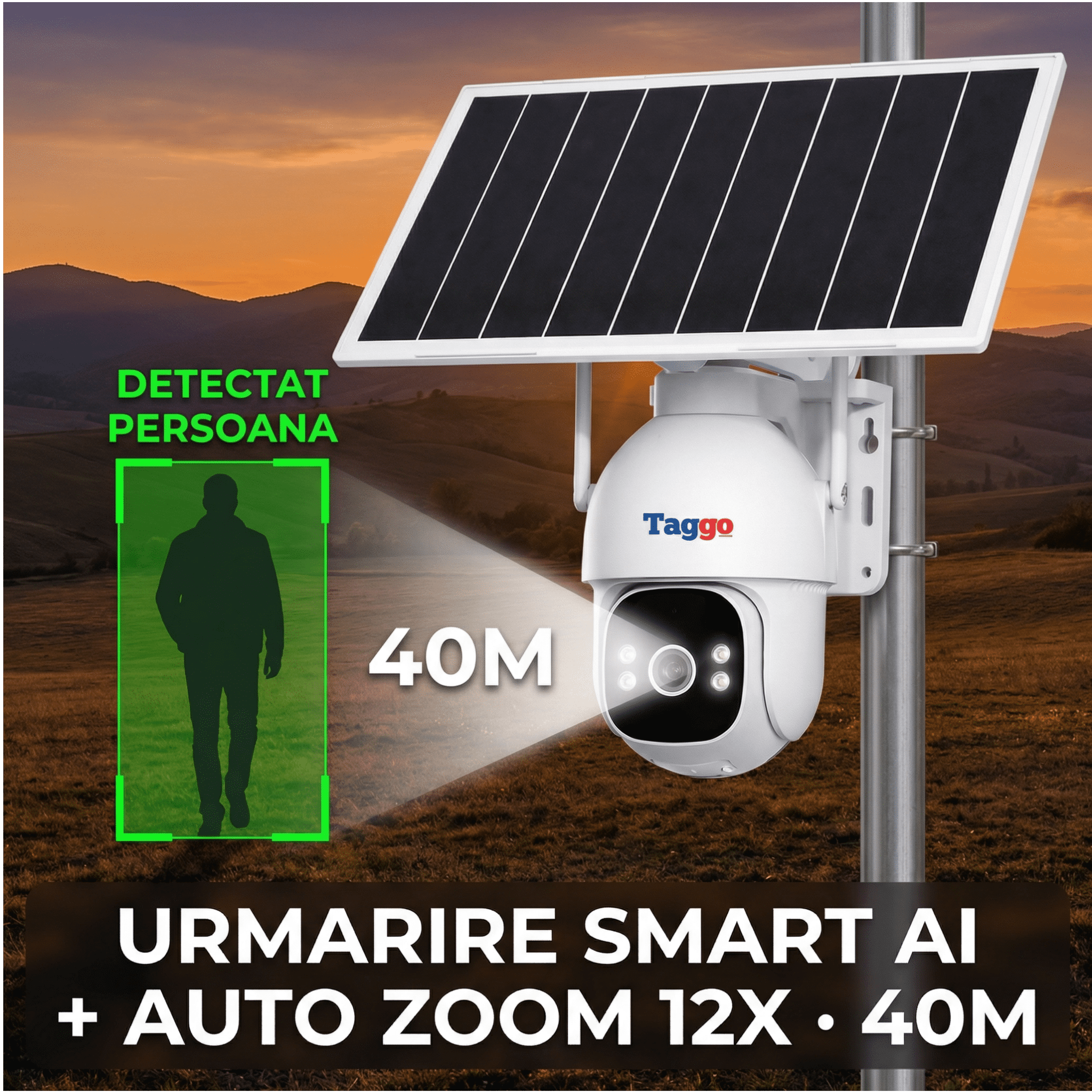 Camera Supraveghere 4G Solară Panou Dublu 20W Taggo Pro S30 – Full Color Noapte, eSIM, Detecție AI 40M, AOV 24/7, 5MP, Card 128GB - Taggo.ro