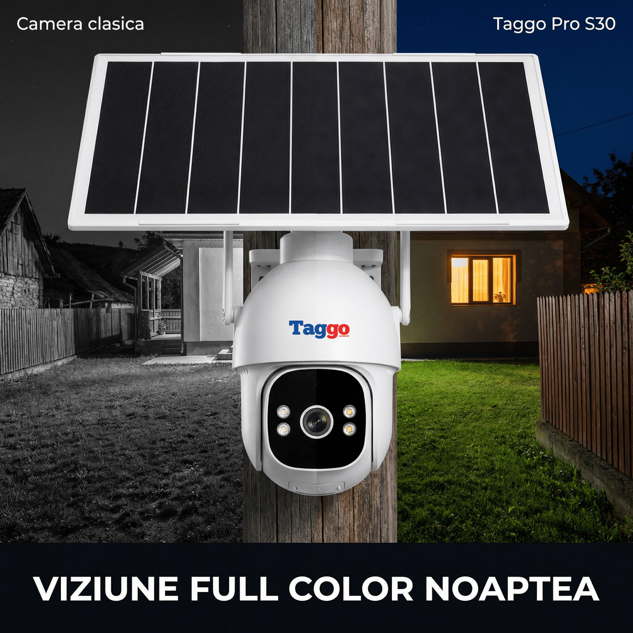 Camera Supraveghere 4G Solară Panou Dublu 20W Taggo Pro S30 – Full Color Noapte, eSIM, Detecție AI 40M, AOV 24/7, 5MP, Card 128GB - Taggo.ro