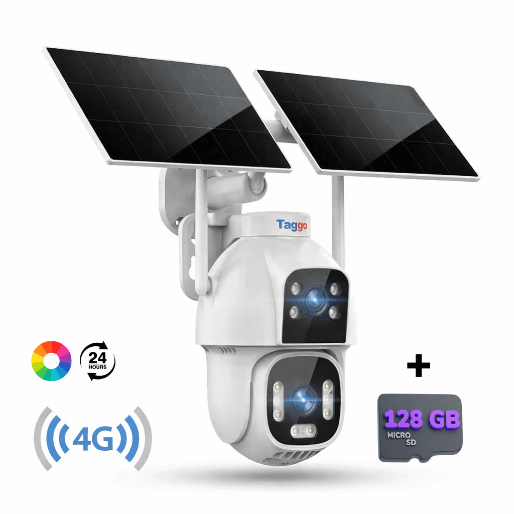 Camera Supraveghere cu Panou Solar Dublu 20W, Conexiune 4G/eSIM , Rezolutie 8MP, AOV, Full Color Noaptea, 2 lentile, Card128GB - Taggo.ro