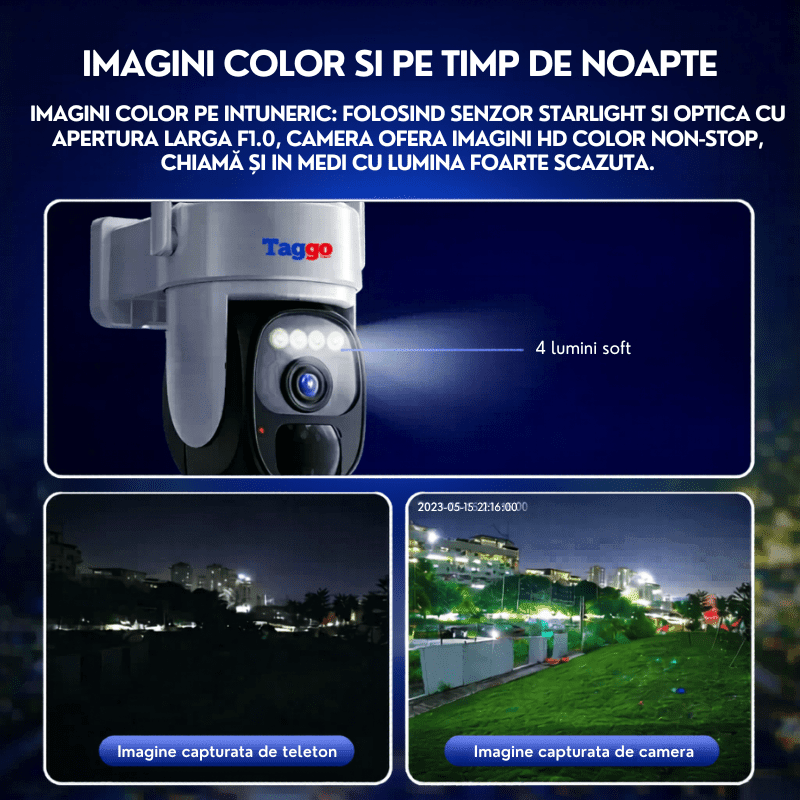 Camera Supraveghere Exterior 4G Ultra HD, Full Color, functie AOV, 4MP, 10XZOOM, Incarcare Solara Panou Dublu, Rotire Din Aplicatie, Rezistenta La Apa IP 66, Card 128GB - Taggo.ro