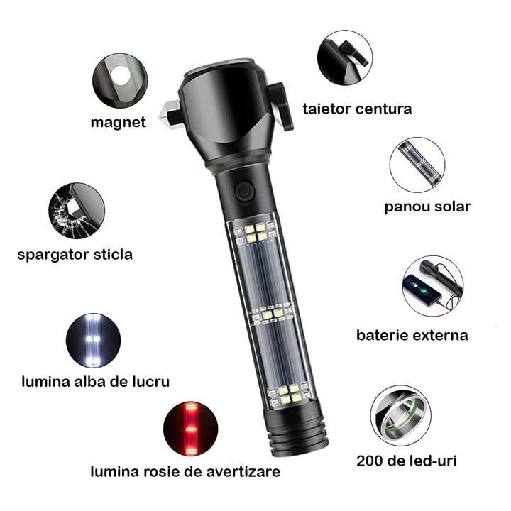 Lanterna 8 in 1, Incarcare Solara, Incarcare USB, Spargator Geam, Taietor Centura, Alarma si Incarcator Telefon Q-LED555 - Taggo.ro