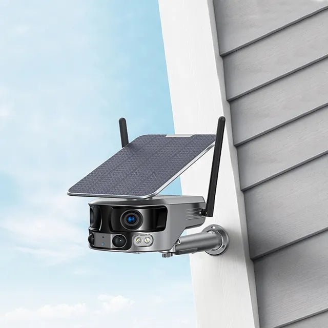 Camera de supraveghere exterior WiFi Taggo 4K, panoramic, cu zoom 4x, panou solar, baterie, WiFi 6, fără fire, aplicație.