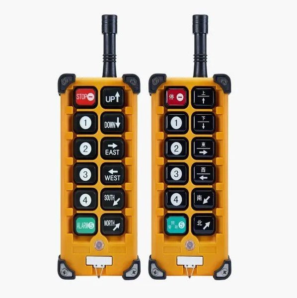 Telecomandă industrială Taggo TELECRANE F23-A++ cu butoane și ecran, utilizată pentru controlul echipamentelor industriale.