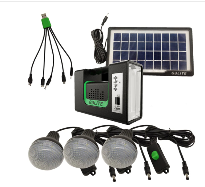 Kit Solar GDLITE 10 Cu Lanterna LED, Radio FM, 3 becuri, Panou si USB Incarcare Telefon - Taggo.ro