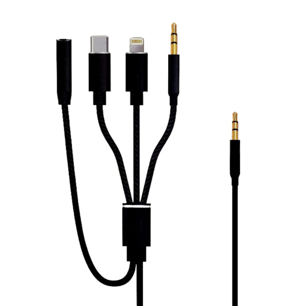 Adaptor 6 In 1, de la Cablu Auxiliar Audio Jack 3.5mm, la Jack 3.5mm, Lightning, USB-C si Mufa Jack 3.5mm, Lungime 1M, Compatbilitate Universala - Taggo.ro